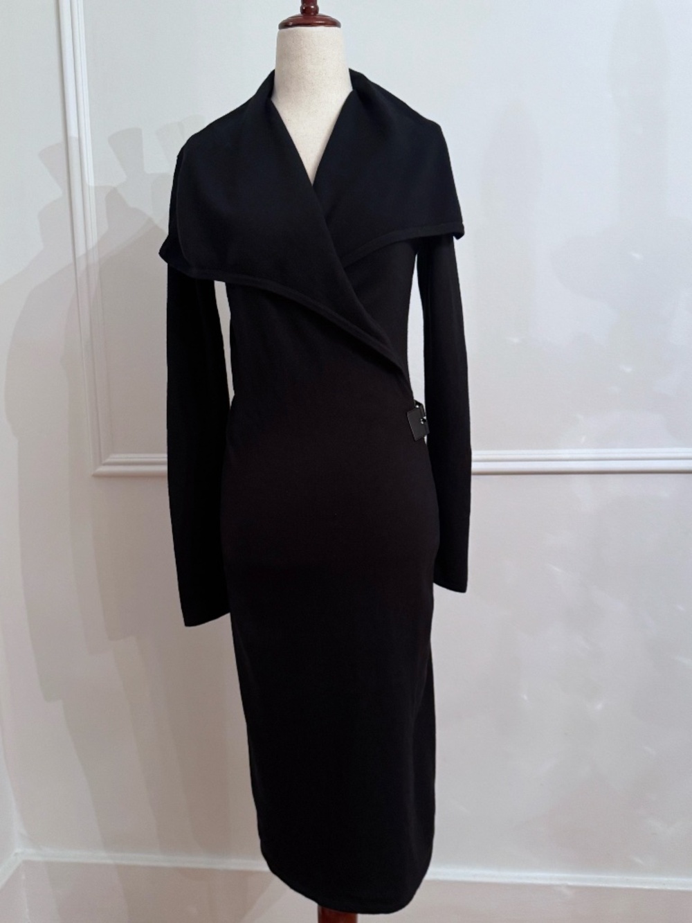 Ralph Lauren Black Label Black Cashmere Shawl Faux Wrap Double Buckle Dress